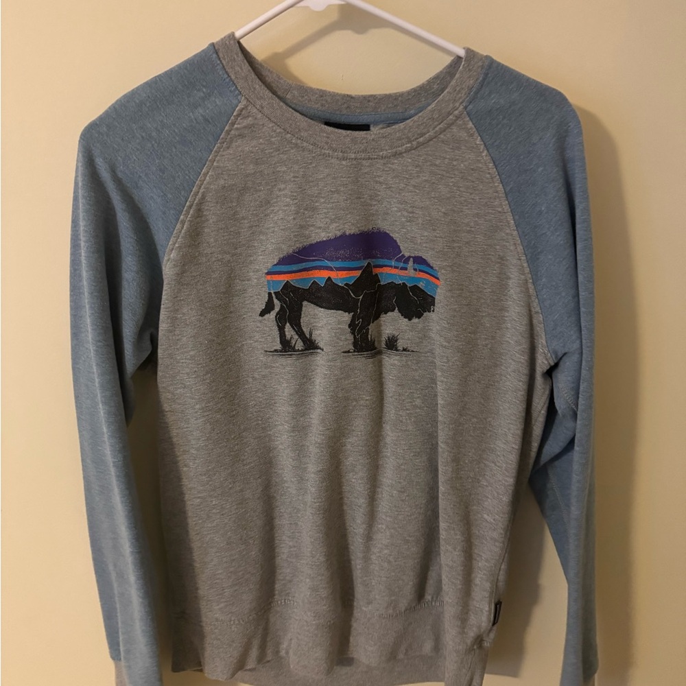 Patagonia Gray and Blue Crew Neck Sweater with Buffalo Graphic